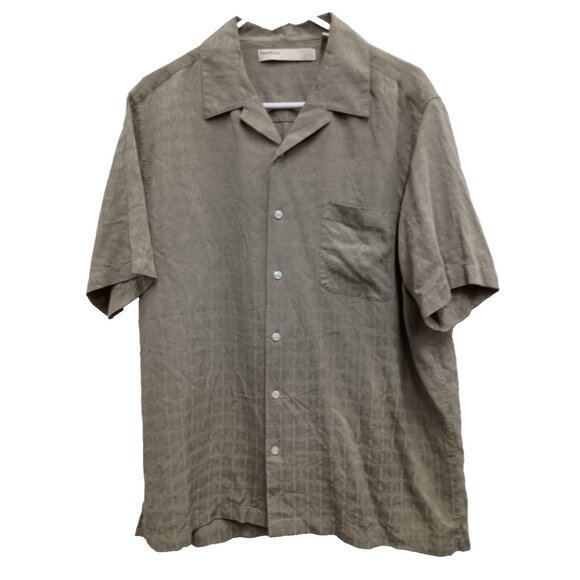 Perry Ellis Mens Hawaiian Shirt Large Olive Green Textured Silk Button Up Resort - Picture 1 of 8